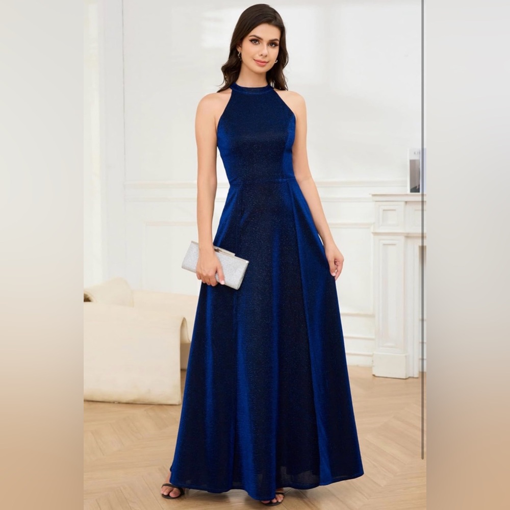 Women's Sparkly Glitter Long Formal Halter Neck Split Hem Cocktail Party Dress